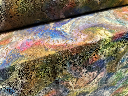 Stretch lace dress fabric with scalloped selvedge, per metre - paint explosion print - multicolour