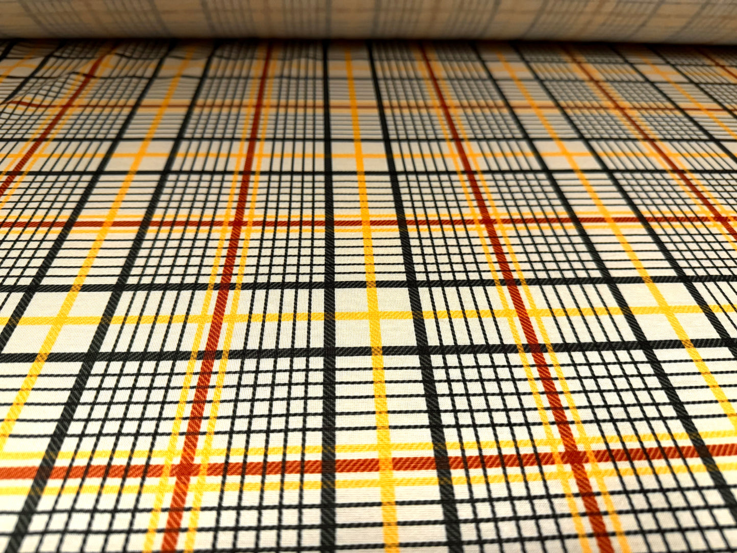 Soft handle single jersey fabric, per metre - check print - cream mustard & red