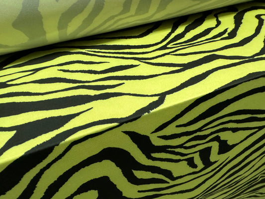 Soft touch stretch spandex single jersey fabric, per metre - zebra animal print - lime