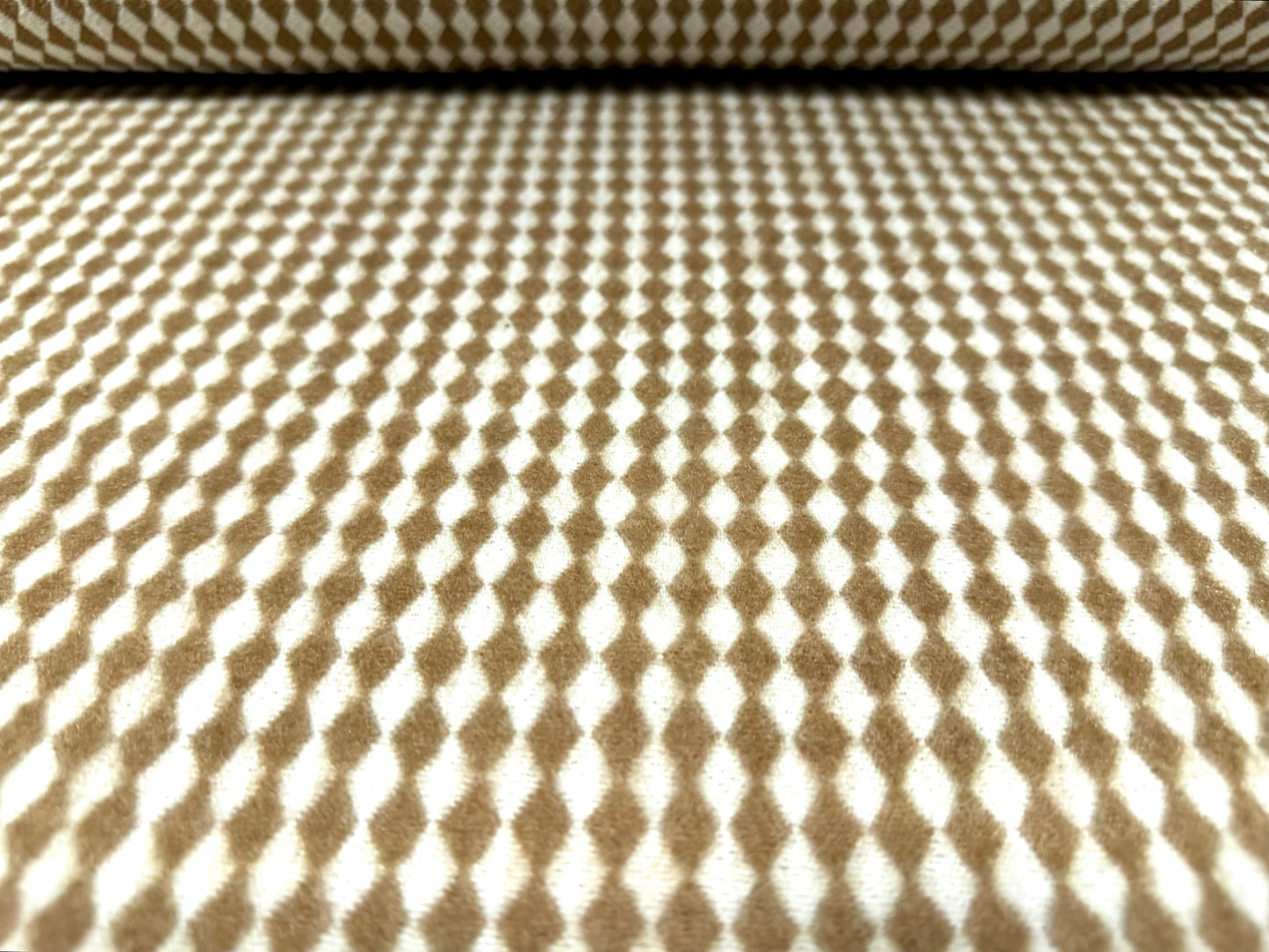 Wool flannel coat jacket fabric, per metre - harlequin diamond - light brown & ivory