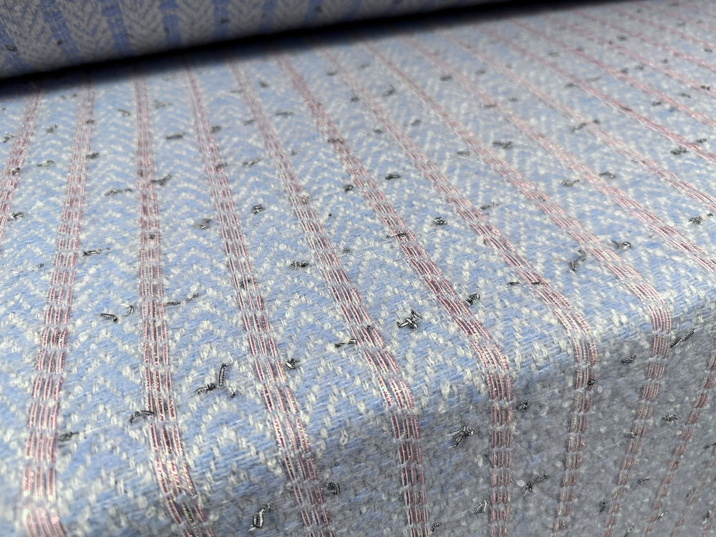 Heavyweight wool fabric, per metre - sky blue herringbone jaquard with rose gold embroidered stripe