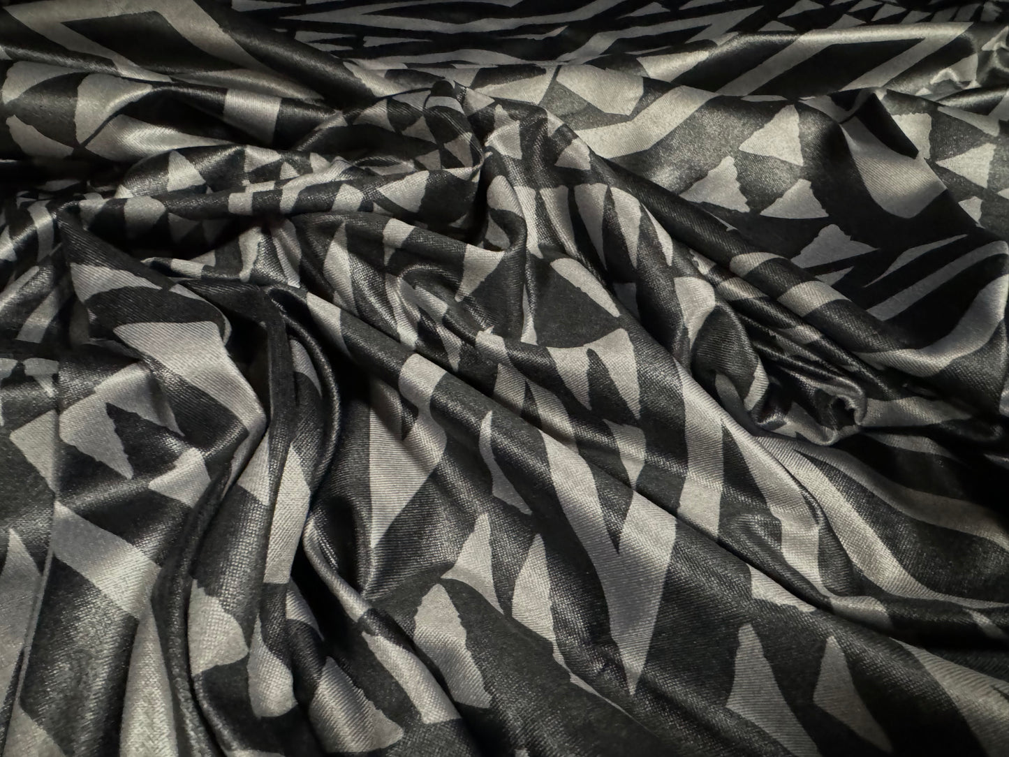 Ciré p.u. coated stretch single jersey fabric, per metre - tribal tattoo print - grey & black