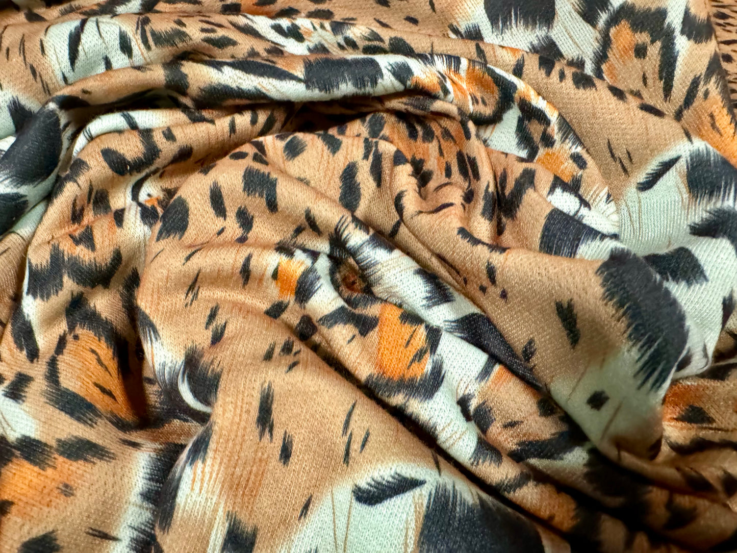 French Terry loopback sweatshirt jersey fabric, per metre - stylised tiger print - aqua & gold