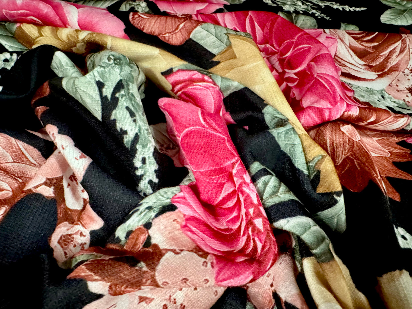 French Terry loopback sweatshirt jersey fabric, per metre - carnations floral print - black & pink