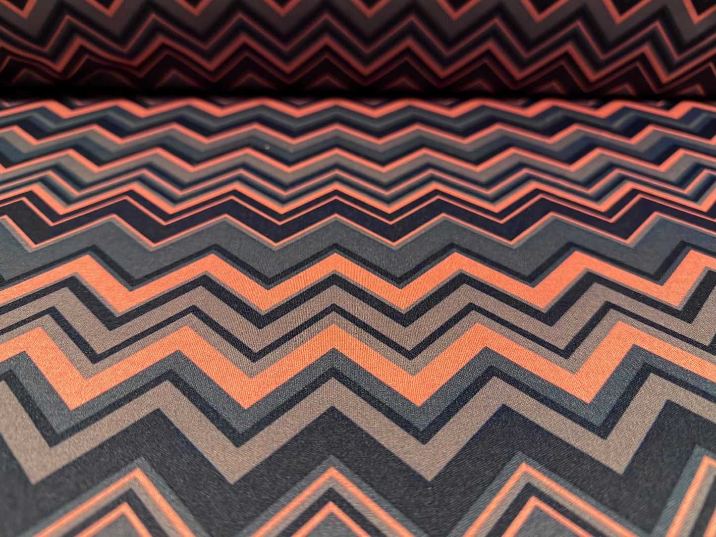 Single jersey fashion fabric - chevron zigzag print - pink & steel blue