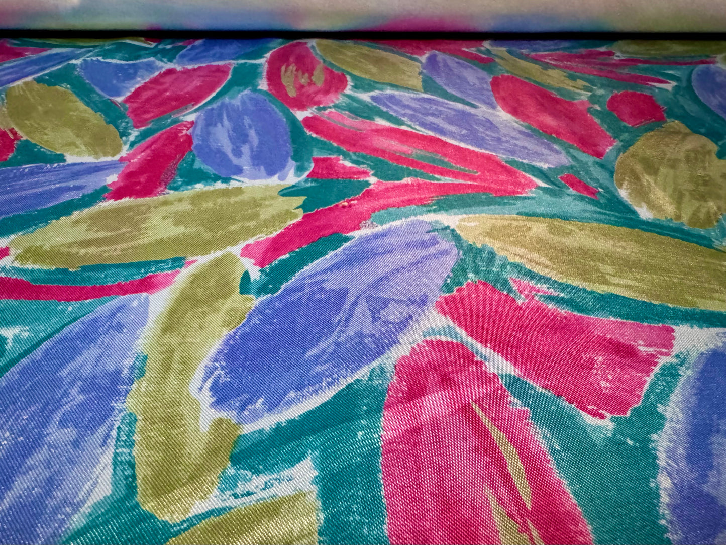 Silky satin woven dress fabric, per metre- impressionist petals print - multicolour
