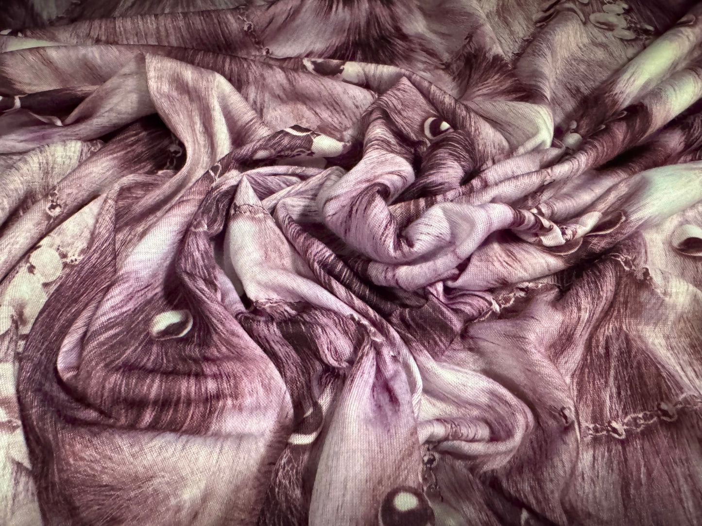 Soft handle single jersey fabric, per metre - pearls & fur print - purple