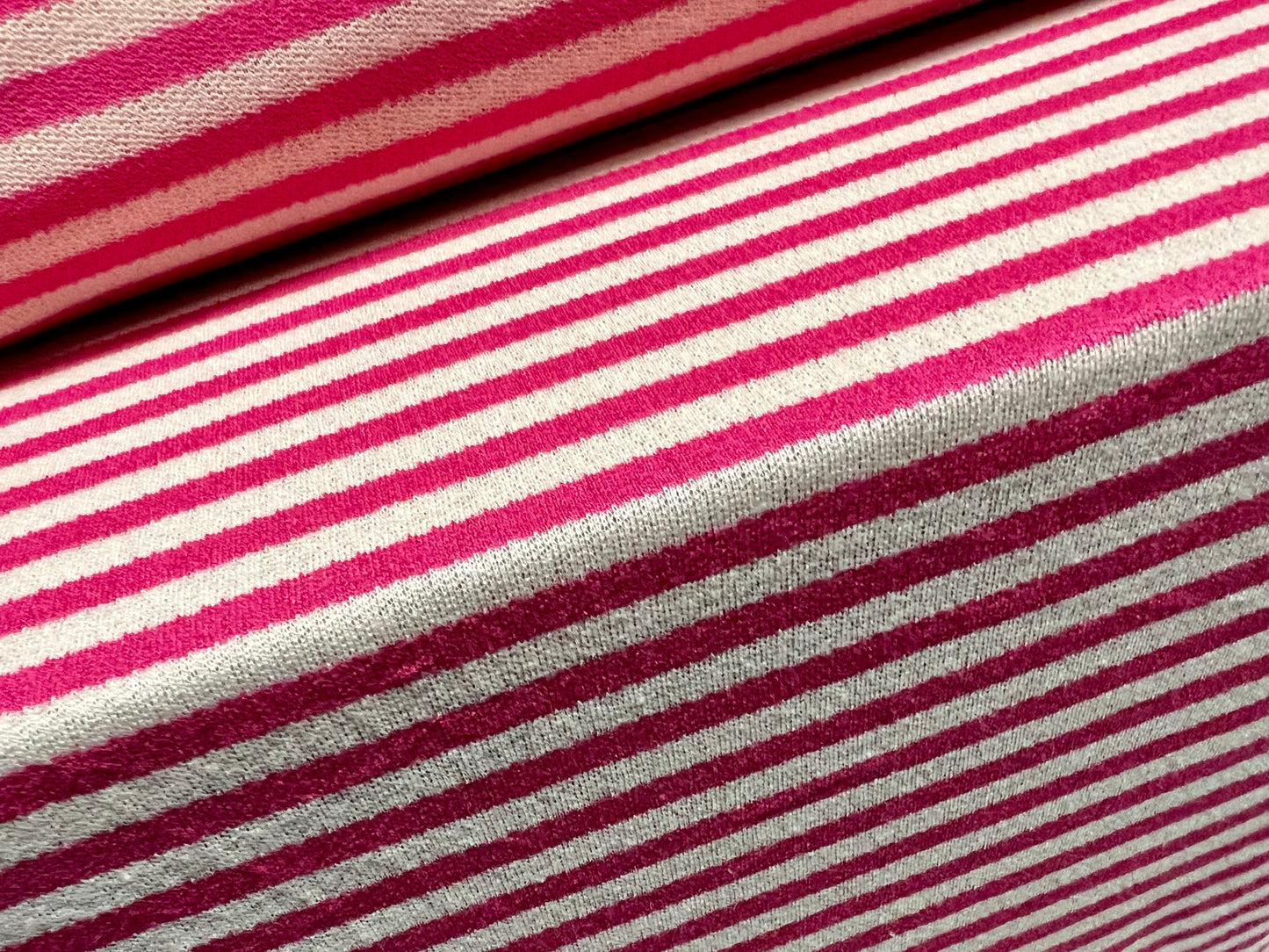 Spandex crepe stretch single jersey fabric, per metre - stripe - pink & ivory