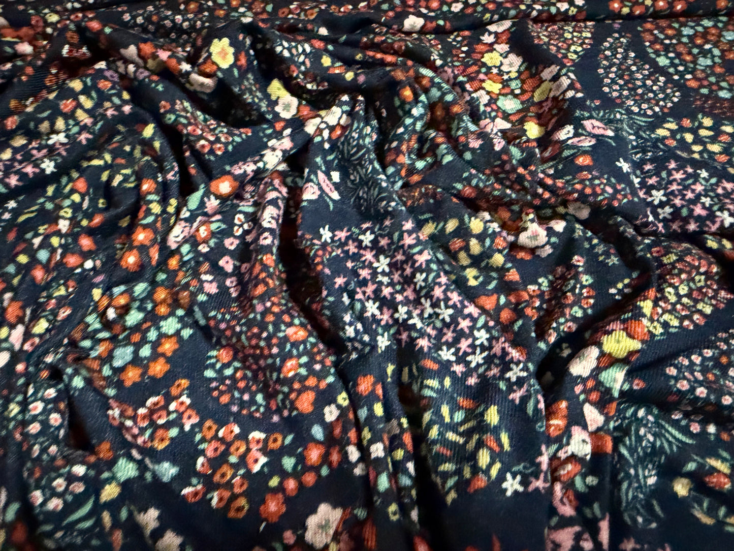 Viscose spandex stretch single jersey fabric, per metre - ditsy paisley print - navy & pink