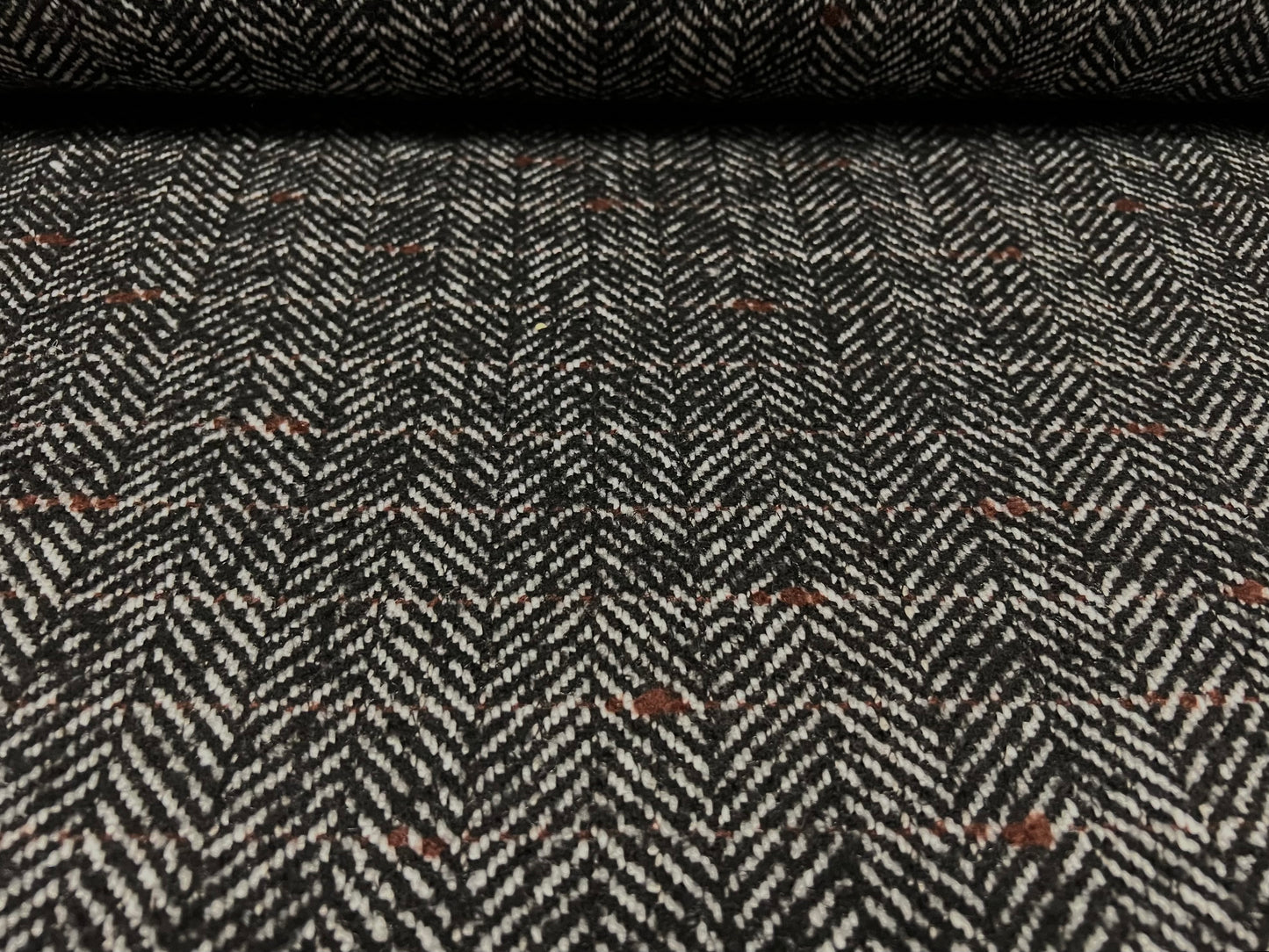 Wool blend coat jacket fabric, per metre - herringbone slub - charcoal grey brown & white