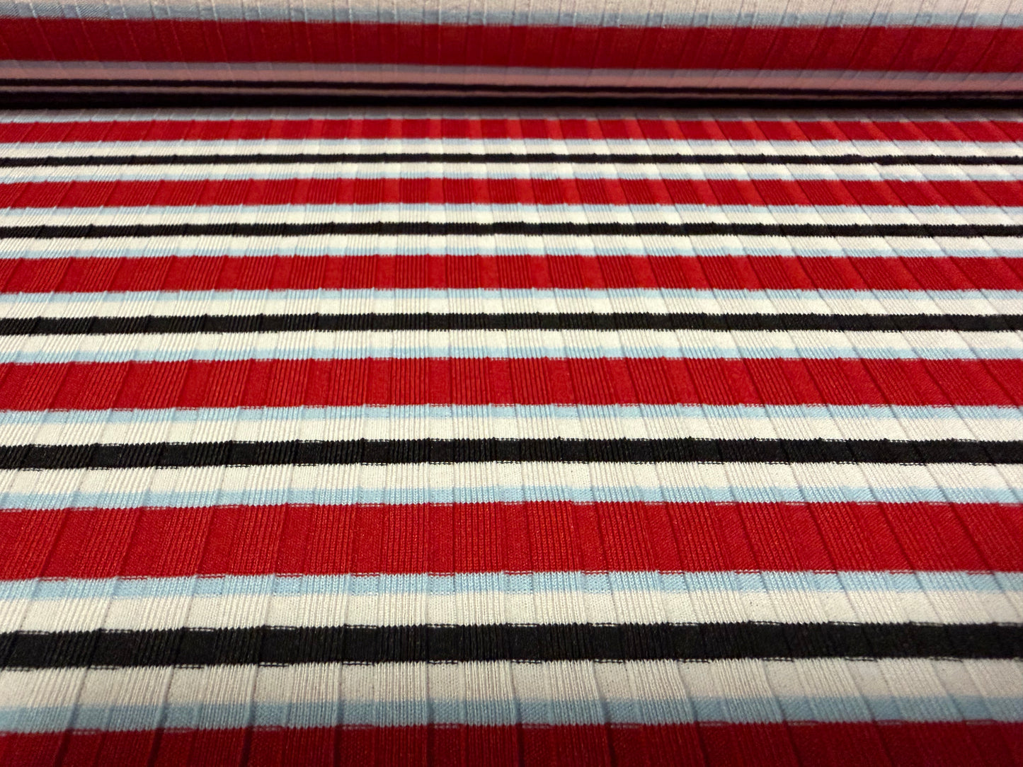 Stretch Spandex rib jersey fabric, per metre - red sky & black