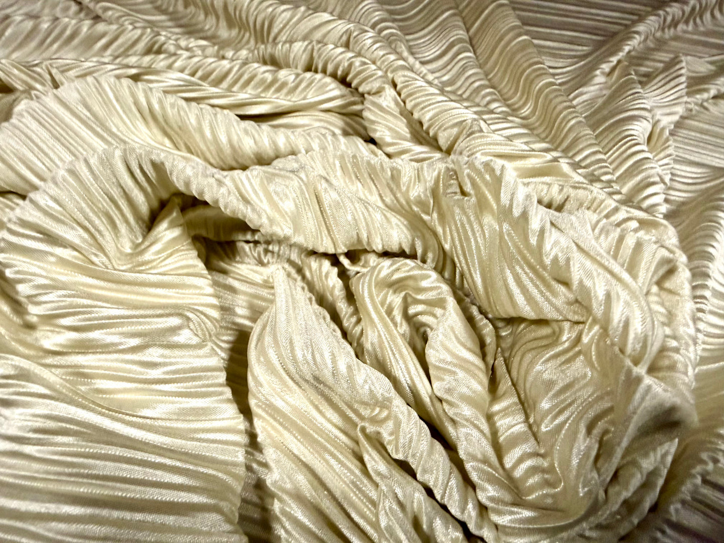 Plissé stretch spandex pleated satin dress fabric, per metre - plain - natural
