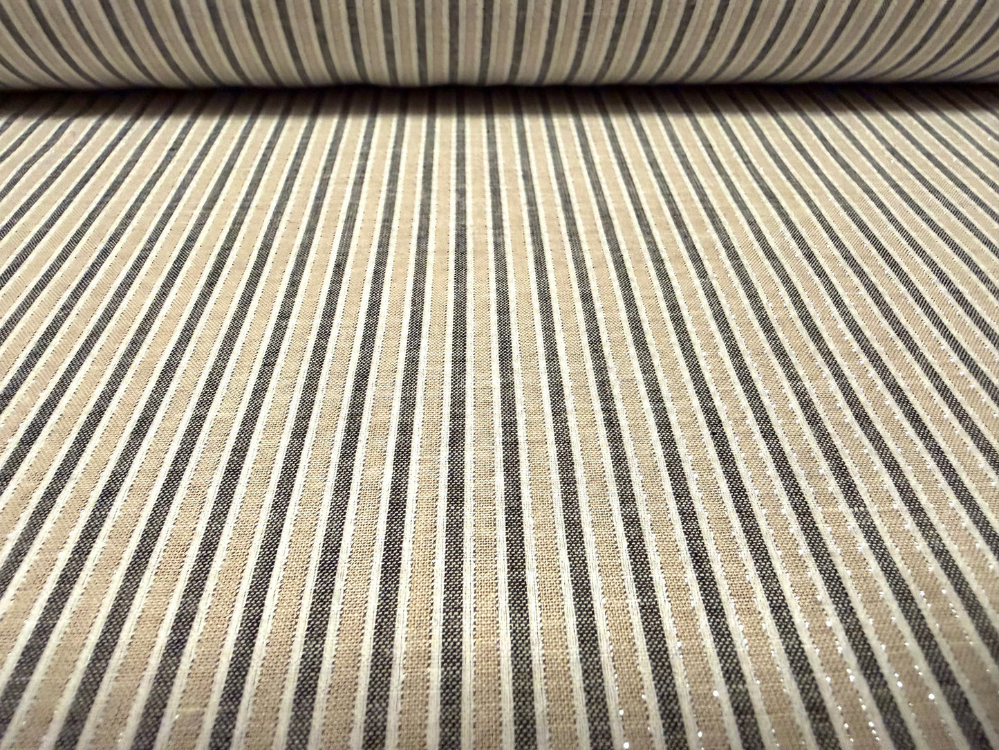 Cotton woven fabric with lurex, per metre - stripe - beige grey & silver