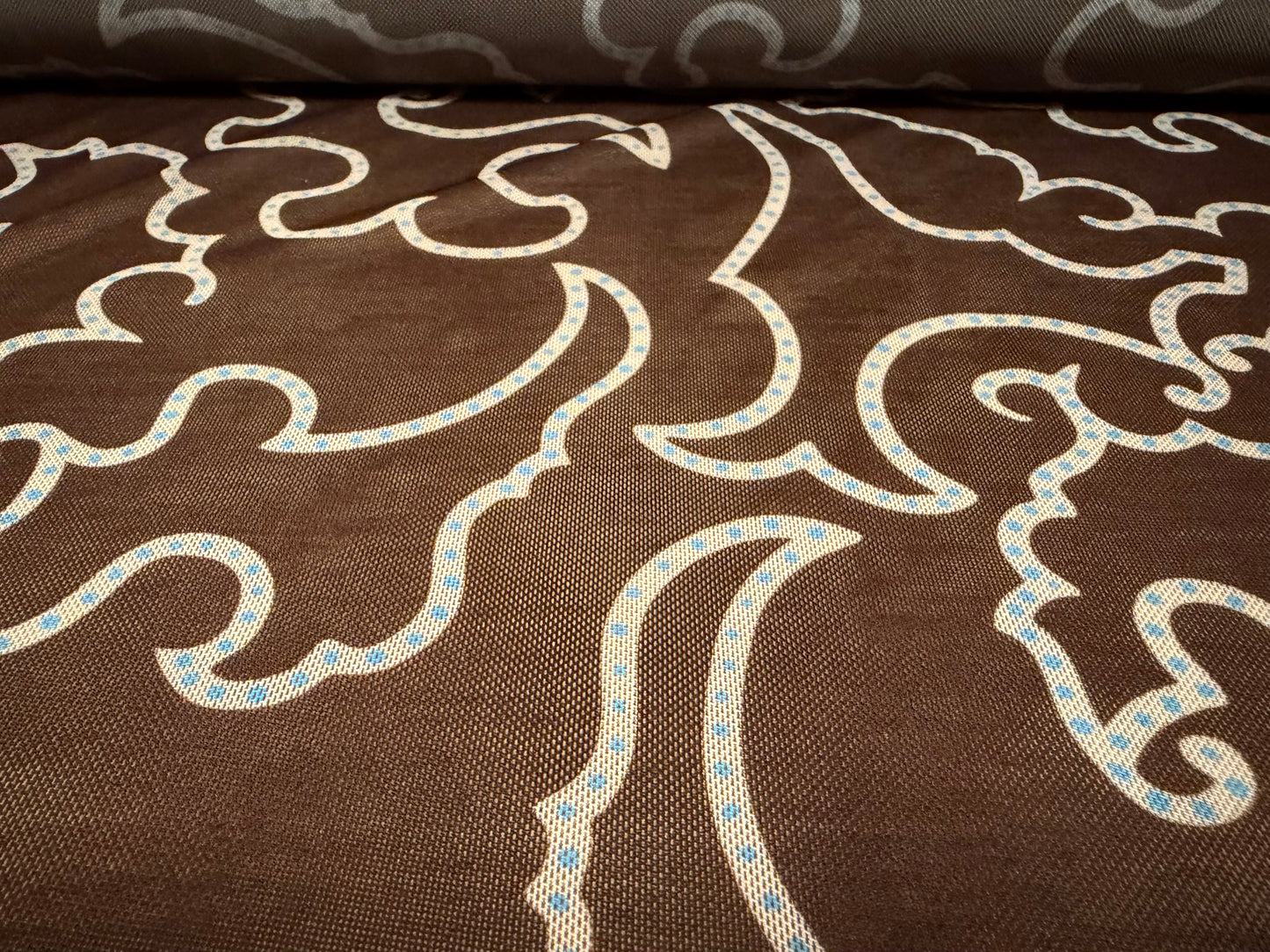 Power mesh net stretch spandex fabric, per metre - abstract print - brown cream & turquoise