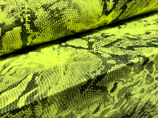 French Terry loopback sweatshirt jersey fabric, per metre - distressed snakeskin print - lime green