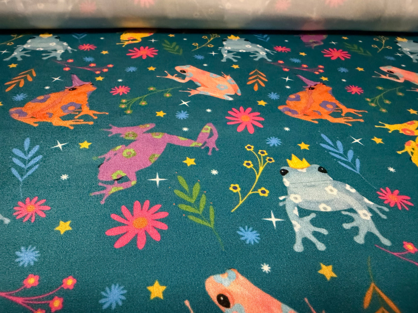 Soft touch stretch spandex single jersey fabric, per metre - Frog Prince print - teal