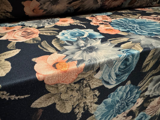 French Terry loopback sweatshirt jersey fabric, per metre - roses and carnations - black beige & turquoise