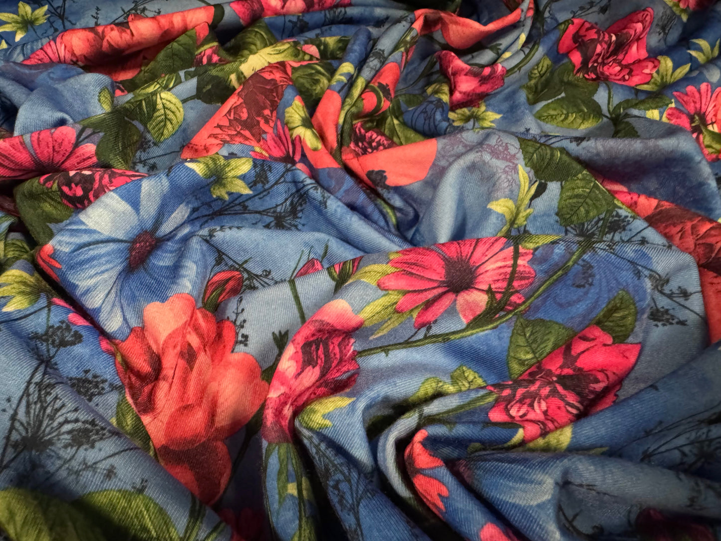 Stretch spandex interlock jersey fabric, per metre - rose floral print - blue & pink