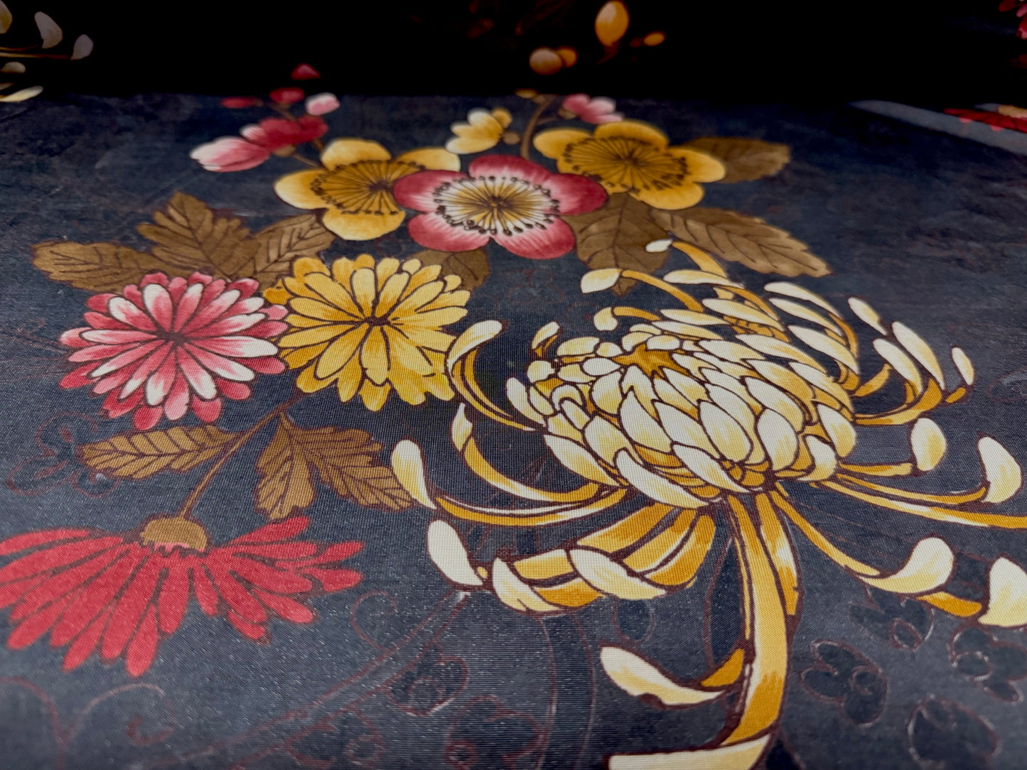 Soft touch stretch spandex single jersey fabric, per metre - East Asian Chrysanthemum print - charcoal