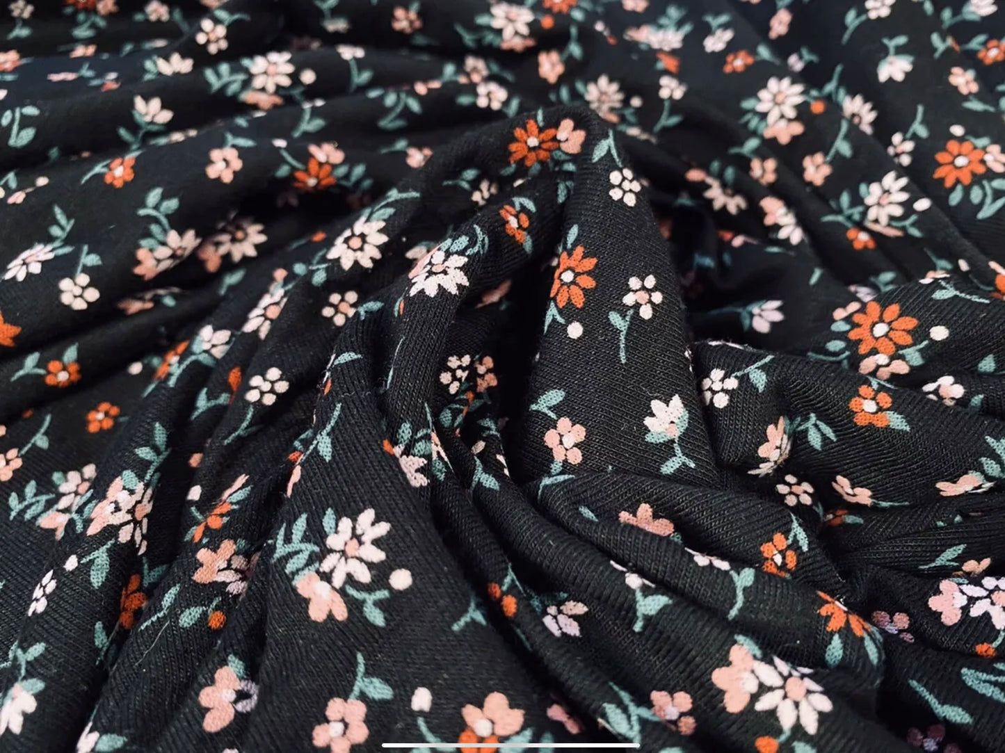 Viscose spandex stretch single jersey fabric, per metre - ditsy print - black with multicolour flowers