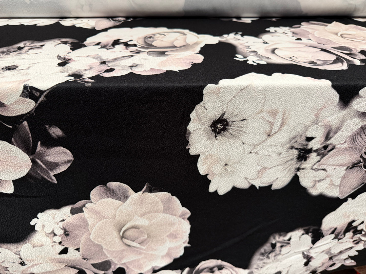 ‘Liverpool’ stretch textured double jersey fabric, per metre - rose print - black & blush