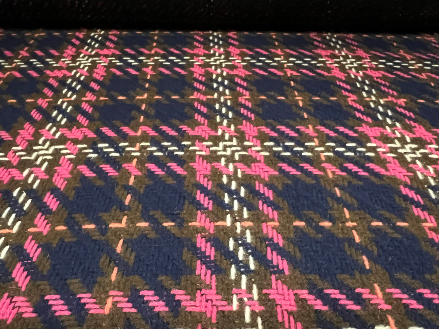 Wool blend heavyweight coat jacket fabric, per metre - stitch embroidered check - navy blue & pink