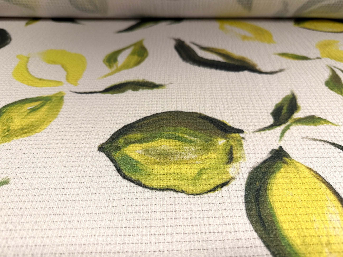 Stretch waffle weave fabric, per metre - limes print - ivory