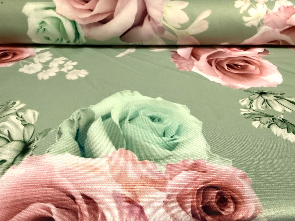 Scuba stretch spandex double jersey fabric, per metre - rose print - mint green & pink