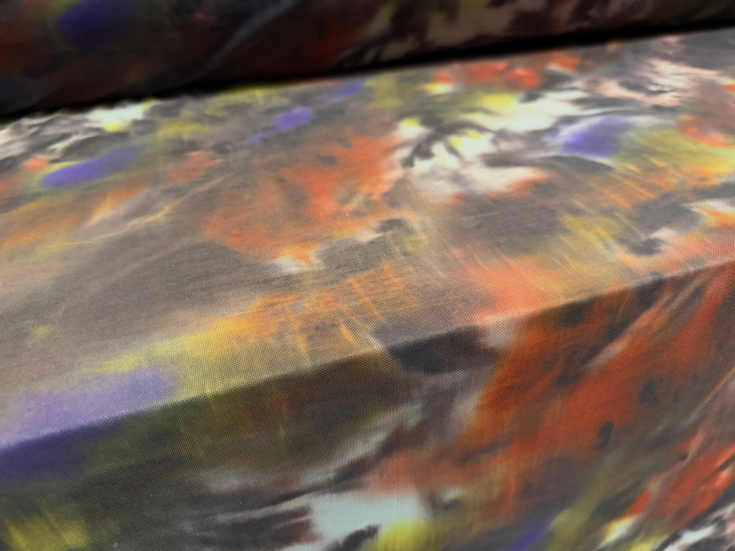 Power mesh net stretch spandex fabric, per metre - moody abstract print - rust & purple