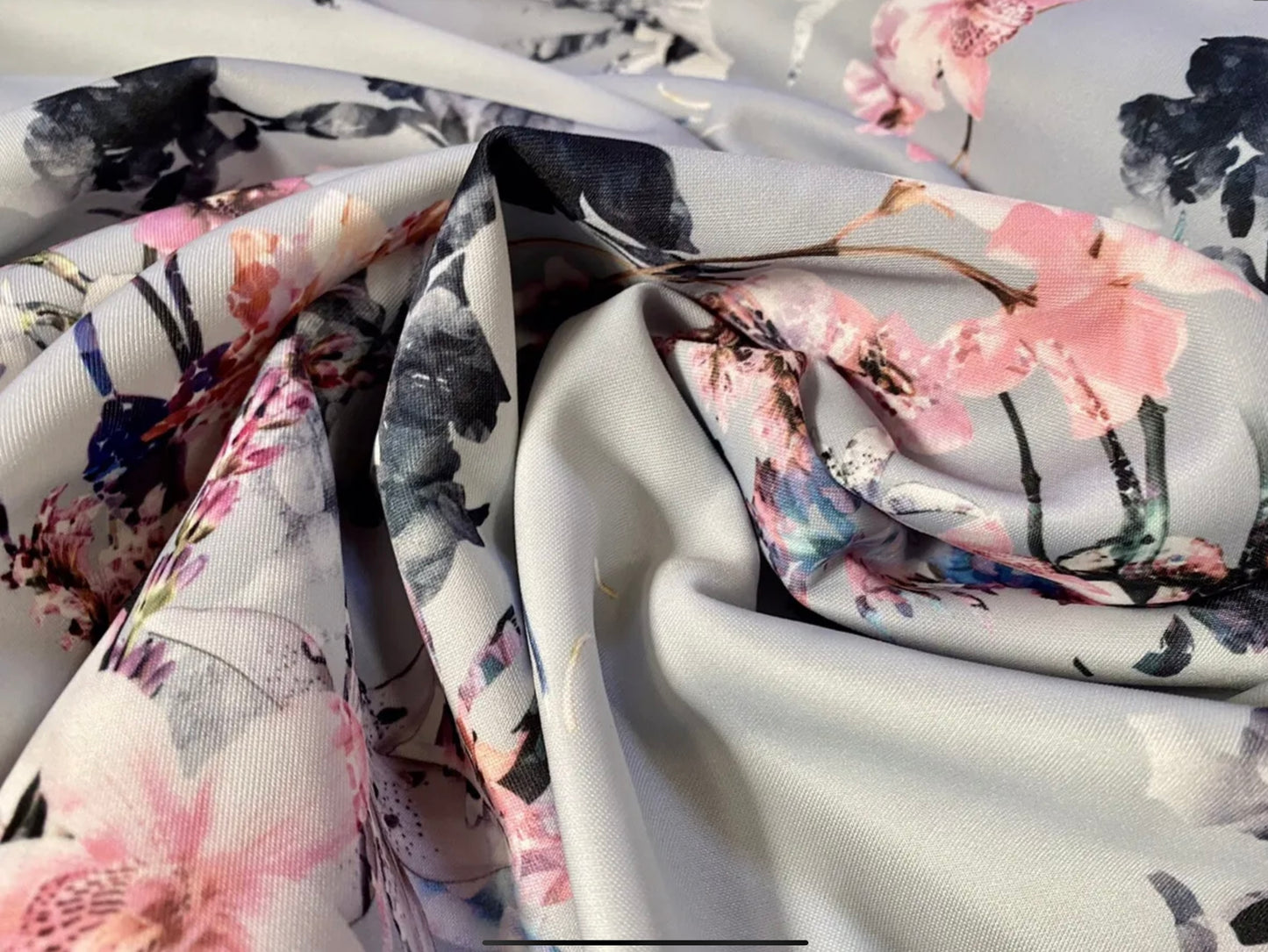 Scuba stretch spandex double jersey dress fabric, per metre - orchid flower print - grey & pink