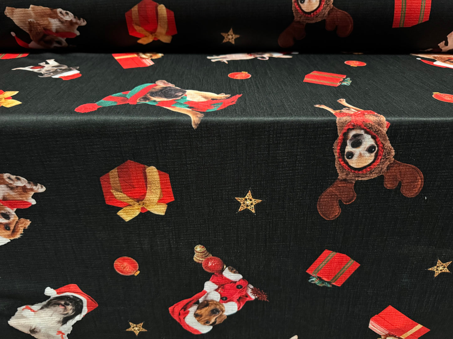 Straw cloth textured jersey fabric, per metre - Christmas Puppy print - black & red