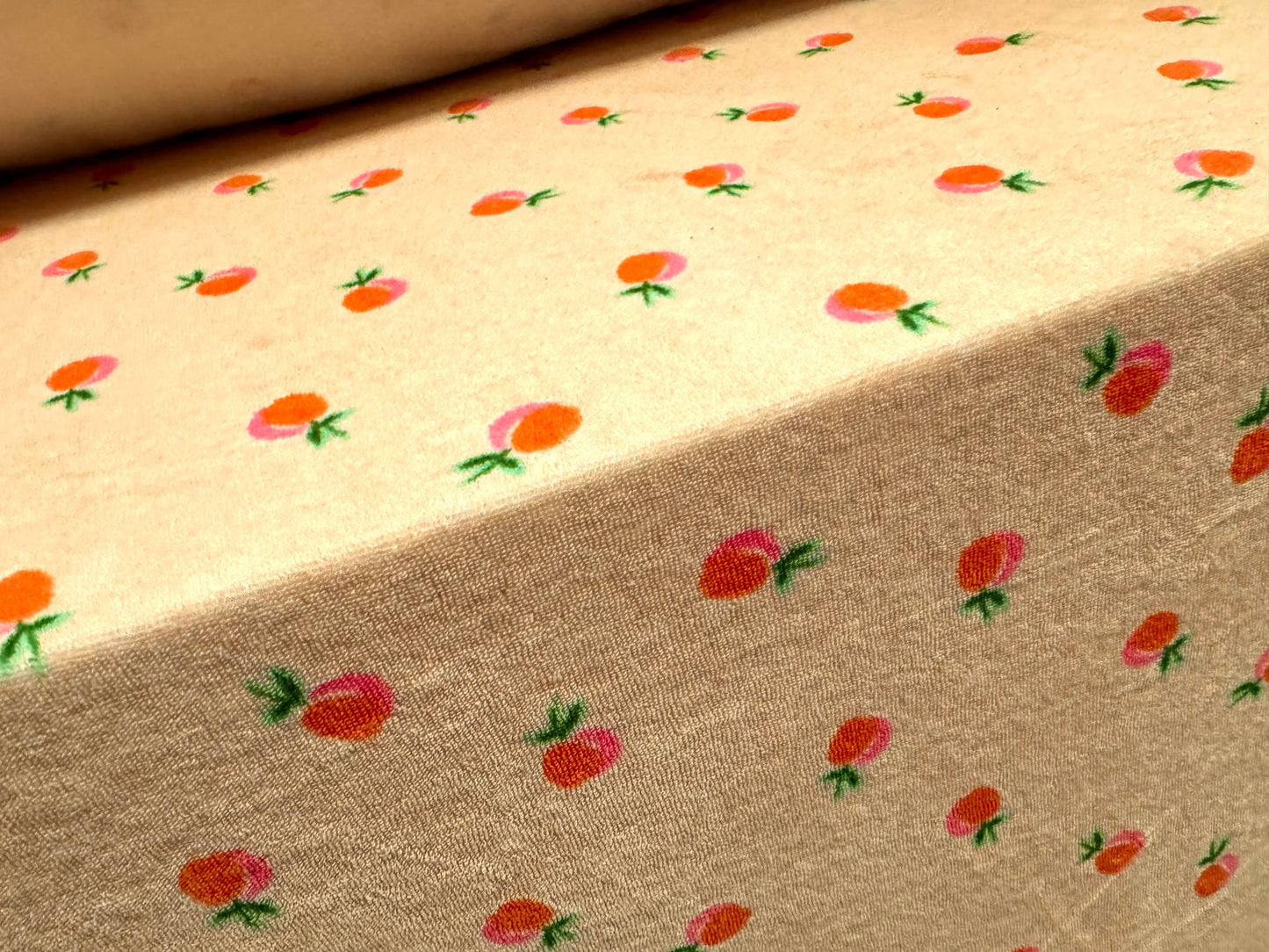 Cotton close cropped terry towelling fabric, per metre - peach fruit print - orange & peach!