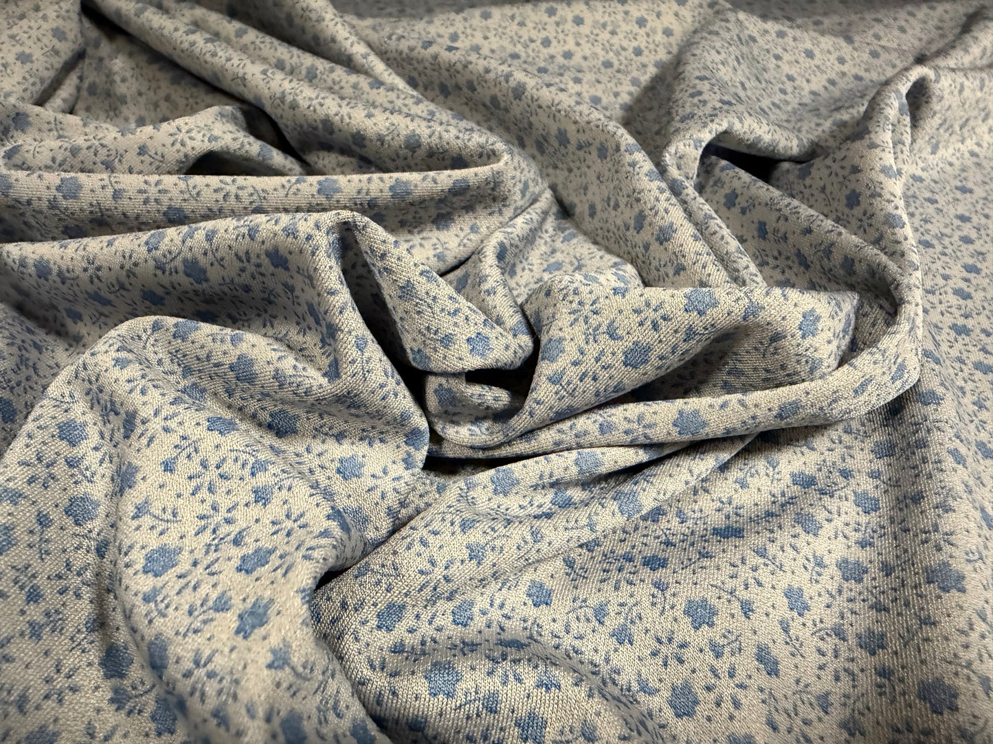 Stretch spandex crepe jersey fabric, per metre - ditsy floral print - grey & blue