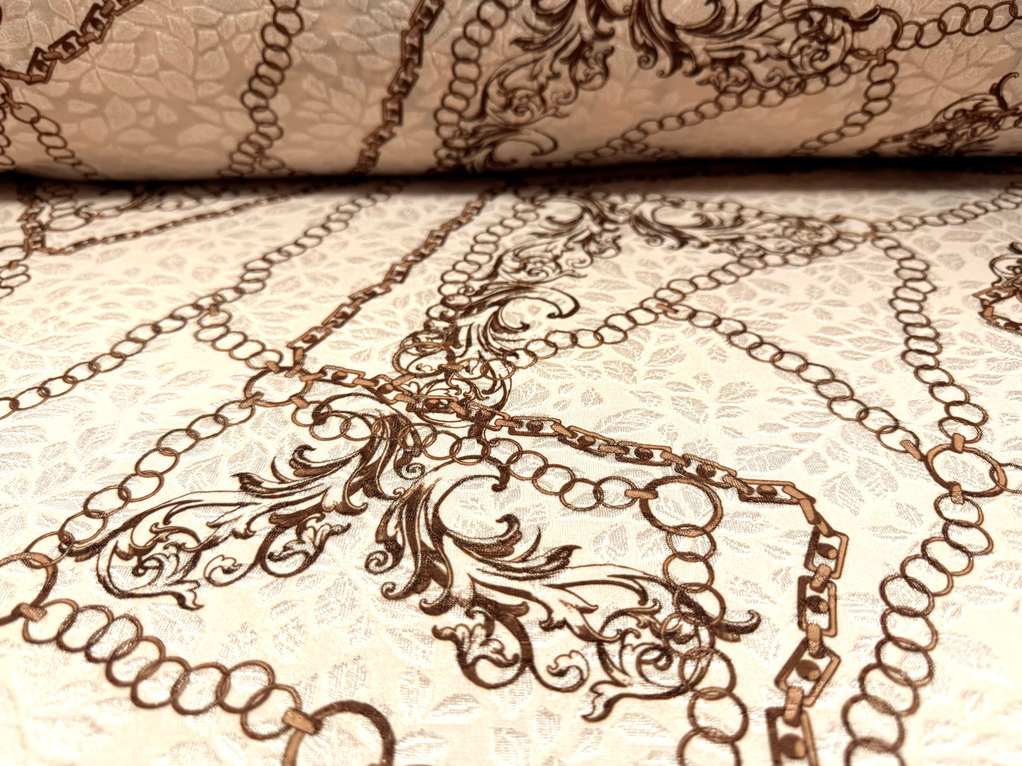 Stretch spandex jersey jacquard fabric, per metre - gold chains print - cream