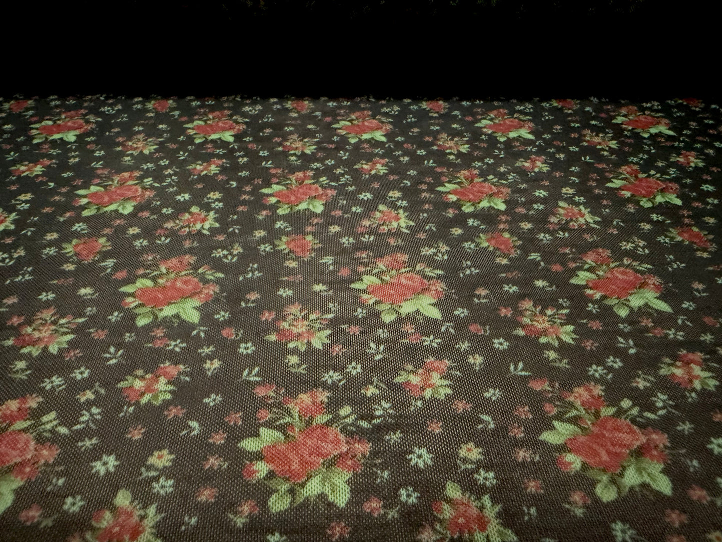 Power mesh net stretch spandex fabric, per metre - ditsy floral print - black green & red