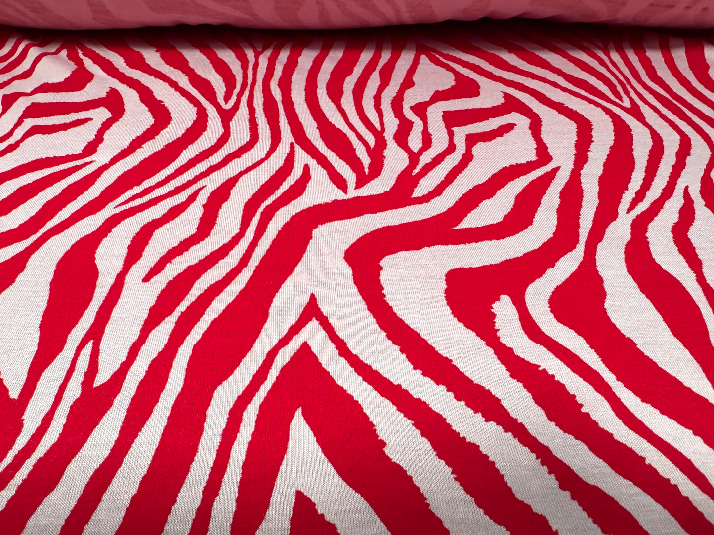 Viscose spandex stretch single jersey fabric, per metre - zebra animal print - red & white