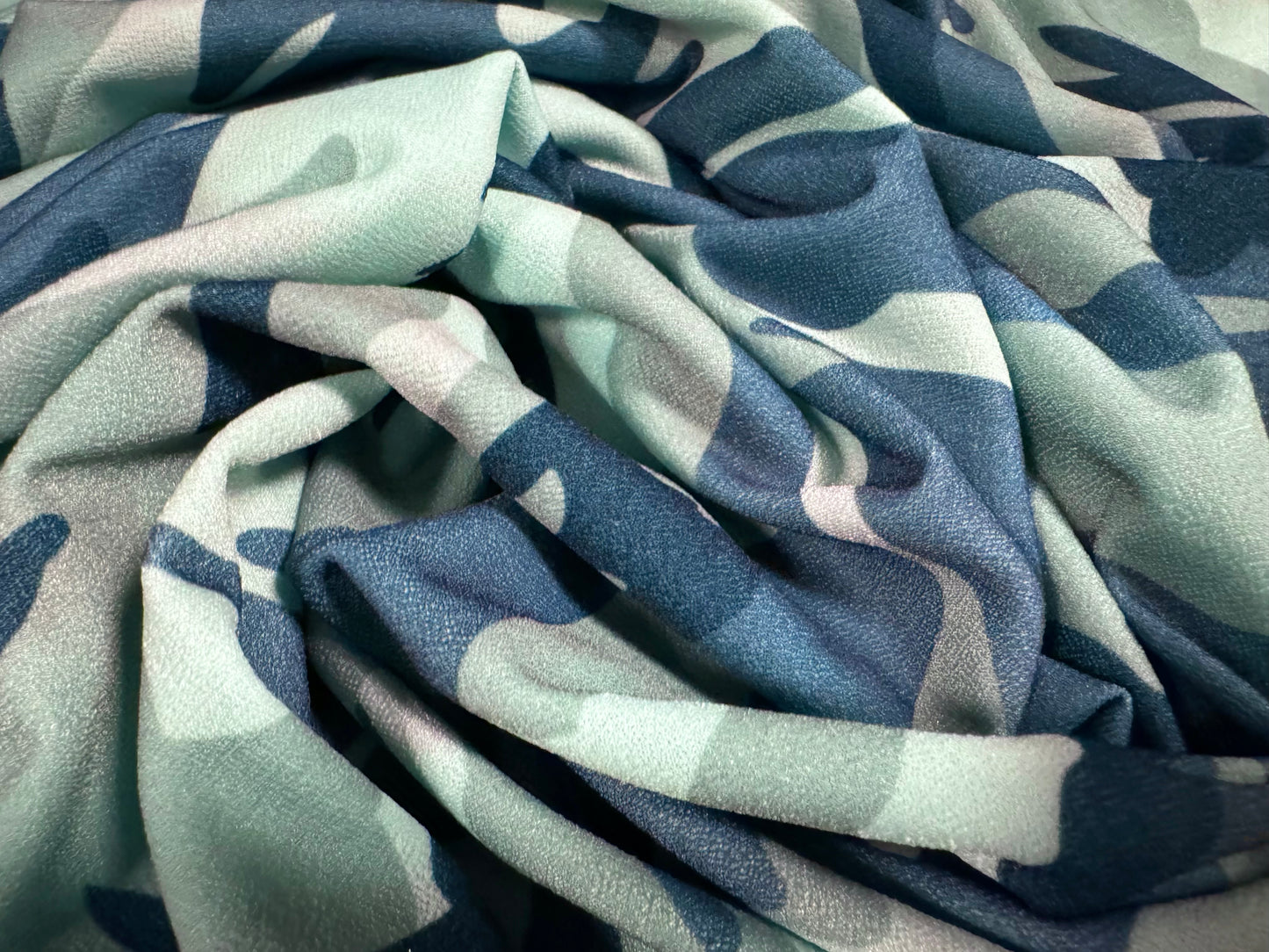 Scuba crepe stretch spandex jersey dress fabric, per metre - camouflage print - mint, blue & pink