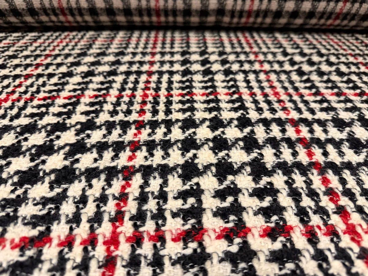 Heavyweight wool bouclé fabric, per metre - houndstooth - cream red & black
