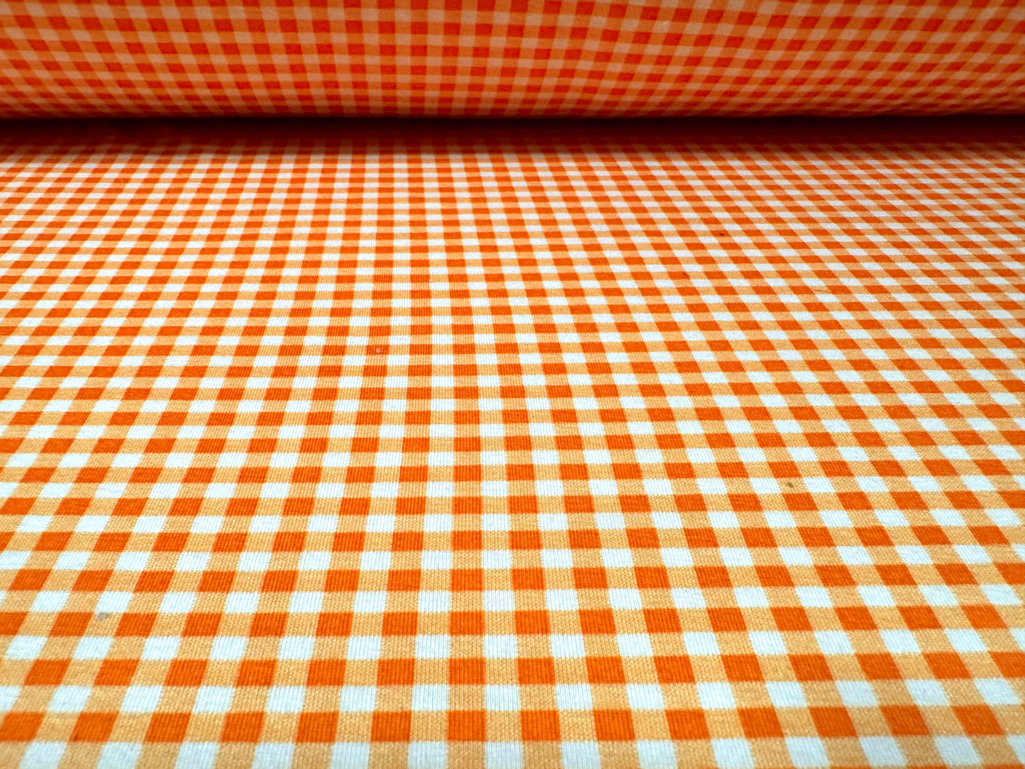 Stretch spandex interlock jersey fabric, per metre - gingham print - orange & white