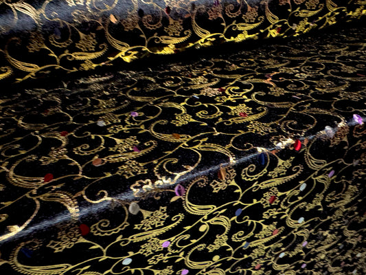 Metallic panné velour fabric with paisley print & sequins, per metre - black & gold