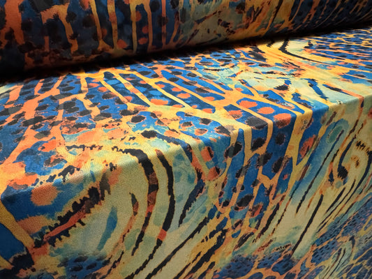 Power mesh net stretch spandex fabric, per metre - Crazy Tiger print - blue & amber