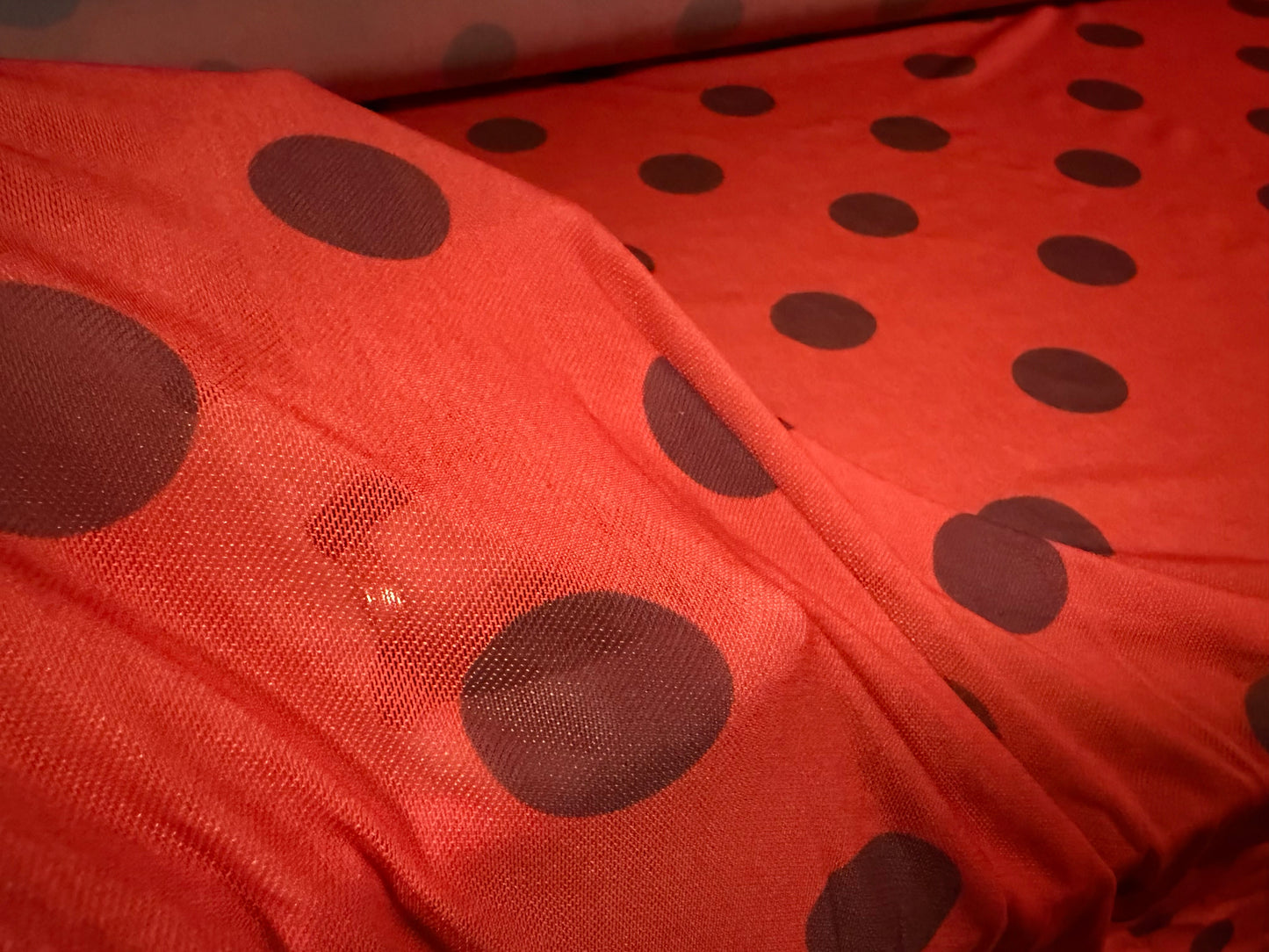 Power mesh net stretch spandex fabric, per metre - ladybug polka dot print - red & black