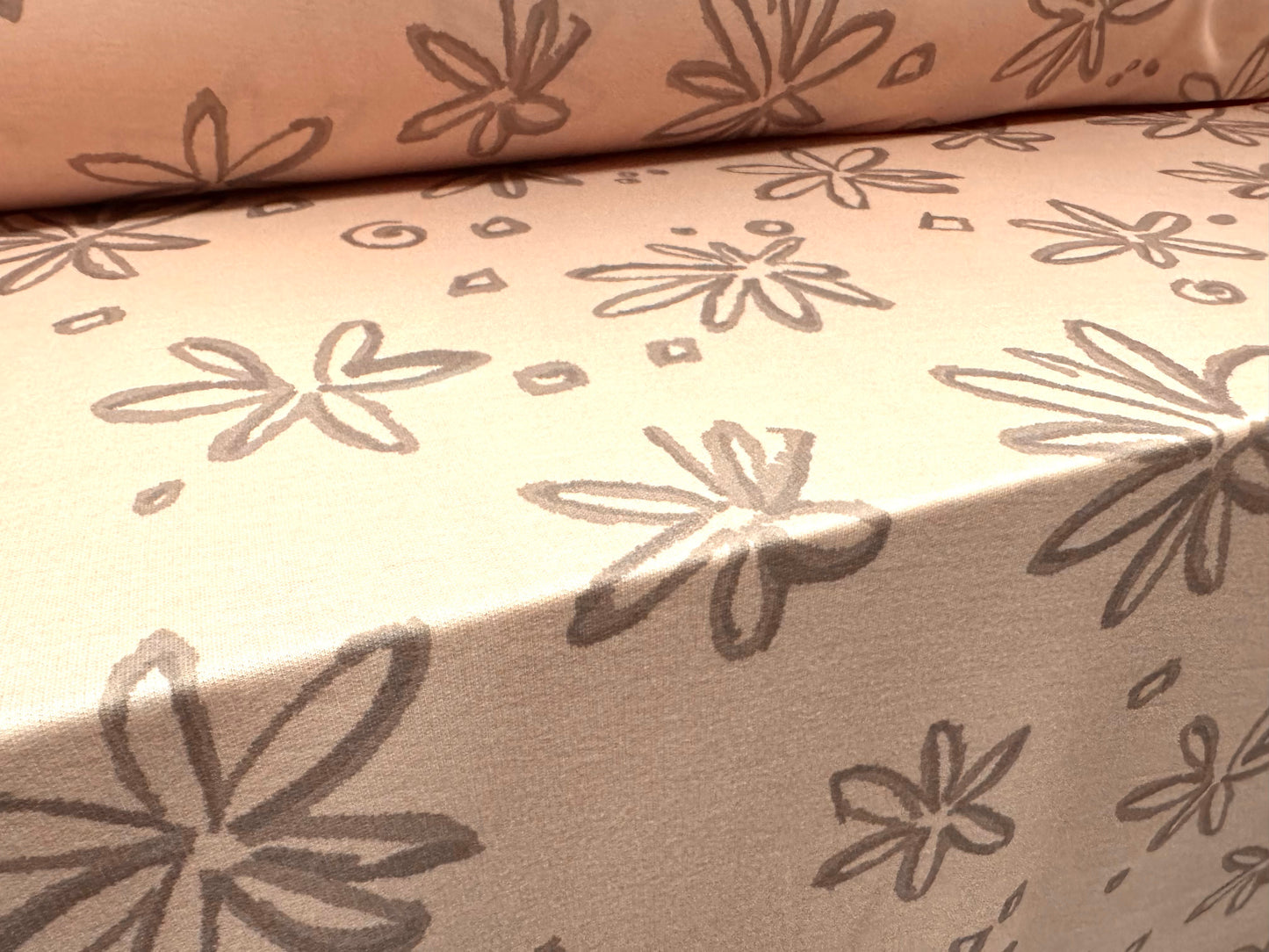 French Terry loopback sweatshirt jersey fabric, per metre - floral sketch print - pale pink & grey