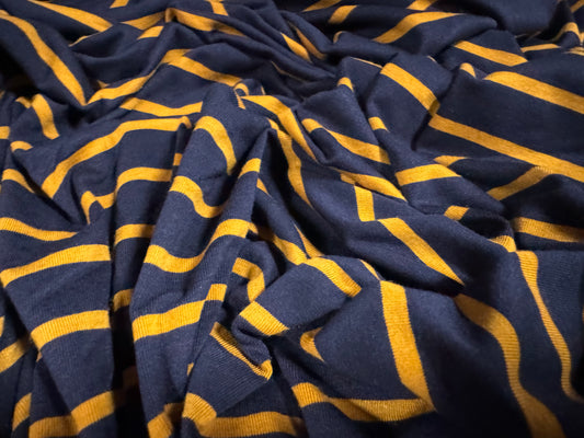 Viscose spandex stretch single jersey fabric, per metre - stripe - navy blue & papaya