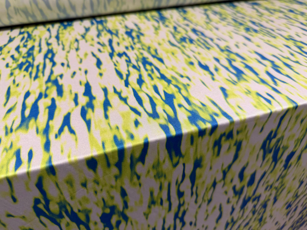 Soft touch stretch spandex jersey fabric, per metre - smudge print - yellow & teal