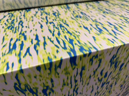 Soft touch stretch spandex jersey fabric, per metre - smudge print - yellow & teal