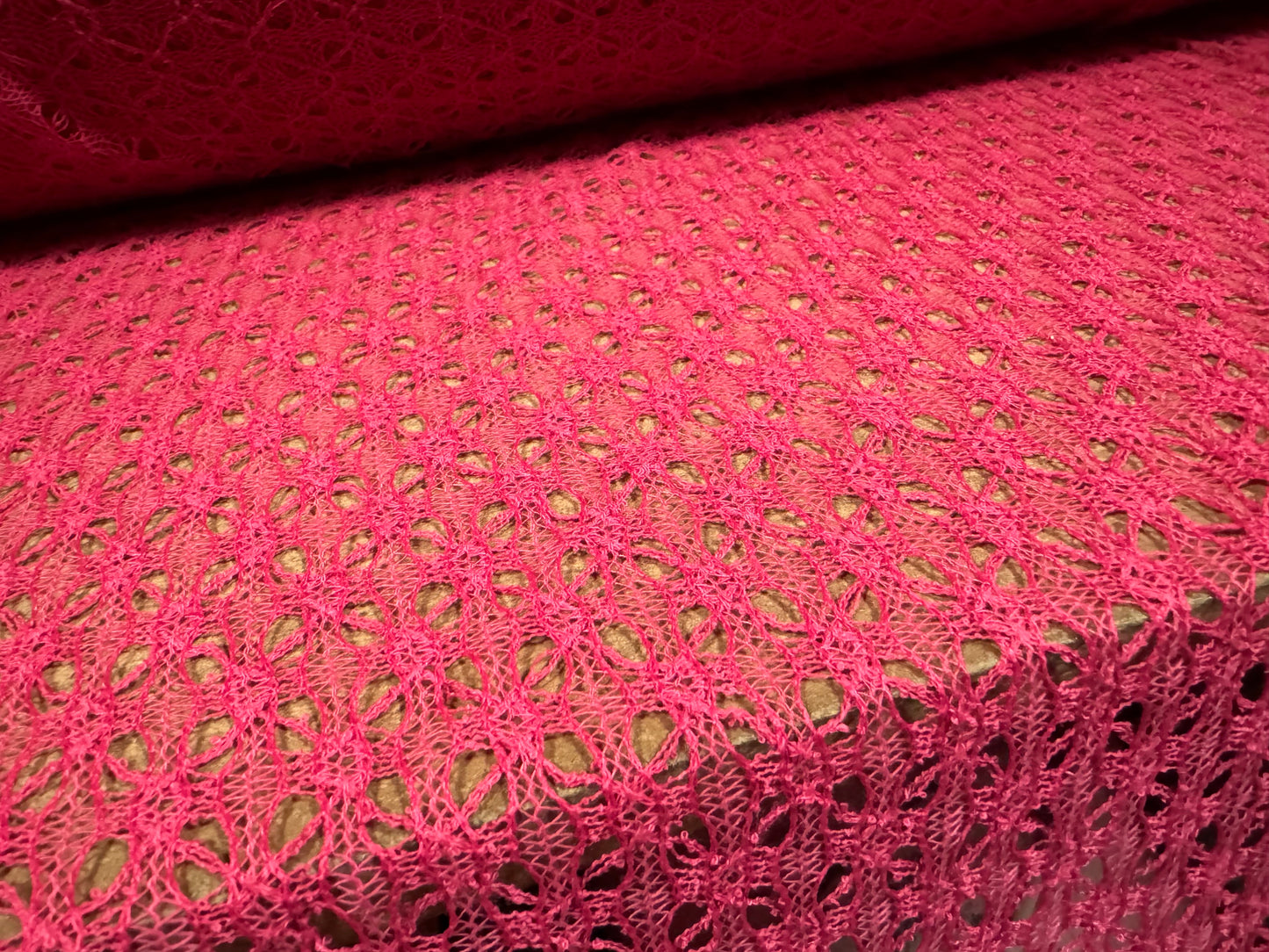 Crochet knit lace dress fabric, per metre - cerise pink