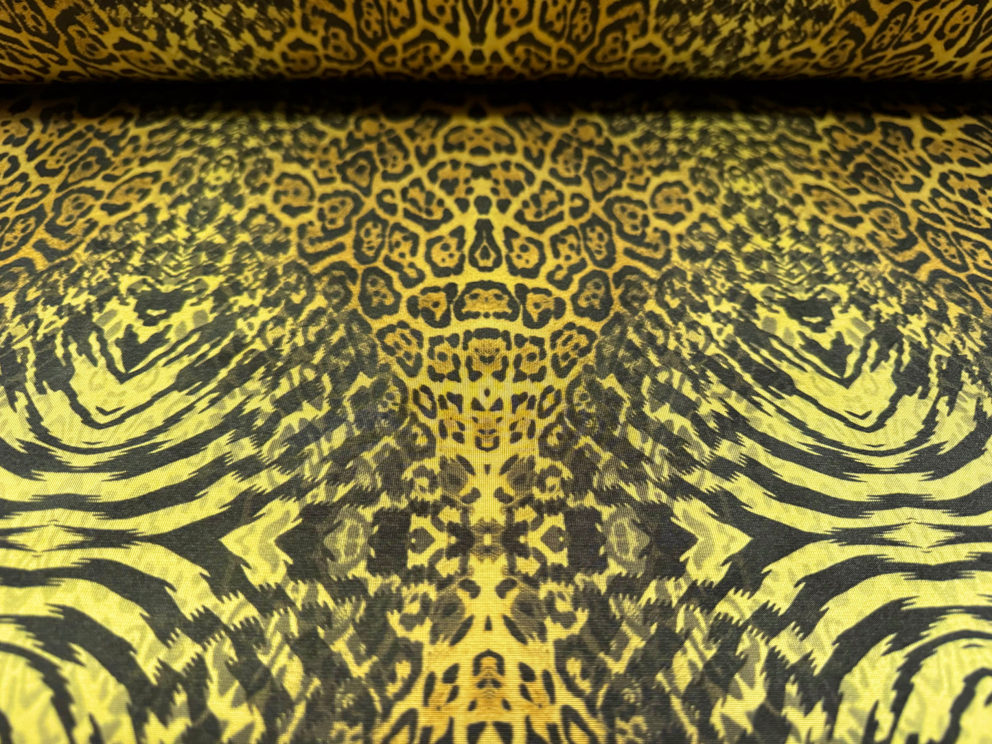 Soft touch stretch spandex single jersey fabric, per metre - stylised leopard print - lemon & gold