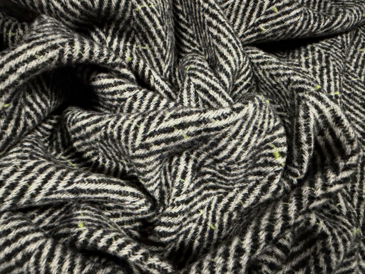 Heavyweight wool fabric, per metre - herringbone - black & white with lime green fleck