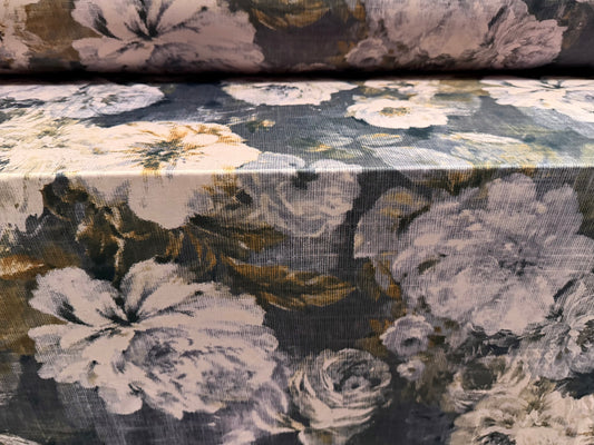 Stretch spandex single jersey fabric, per metre - linen look rose print - pale lilac & grey